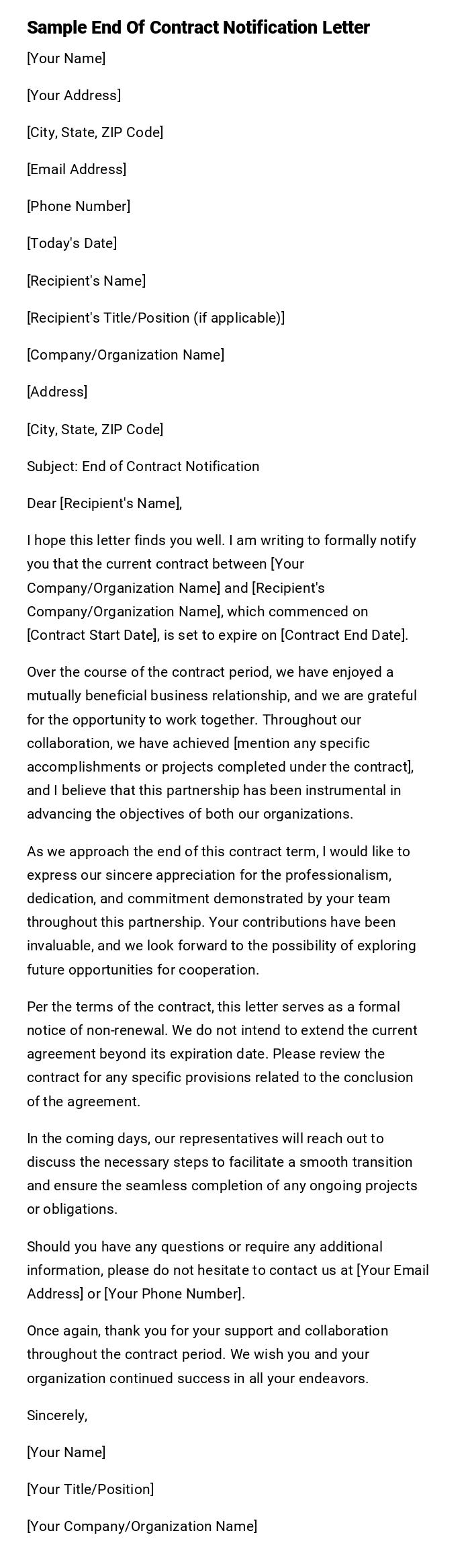 Sample End Of Contract Notification Letter