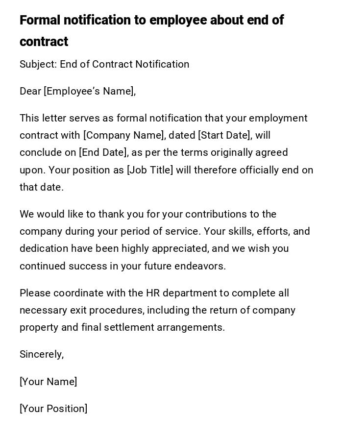 Formal notification to employee about end of contract Formal notification to employee about end of contract