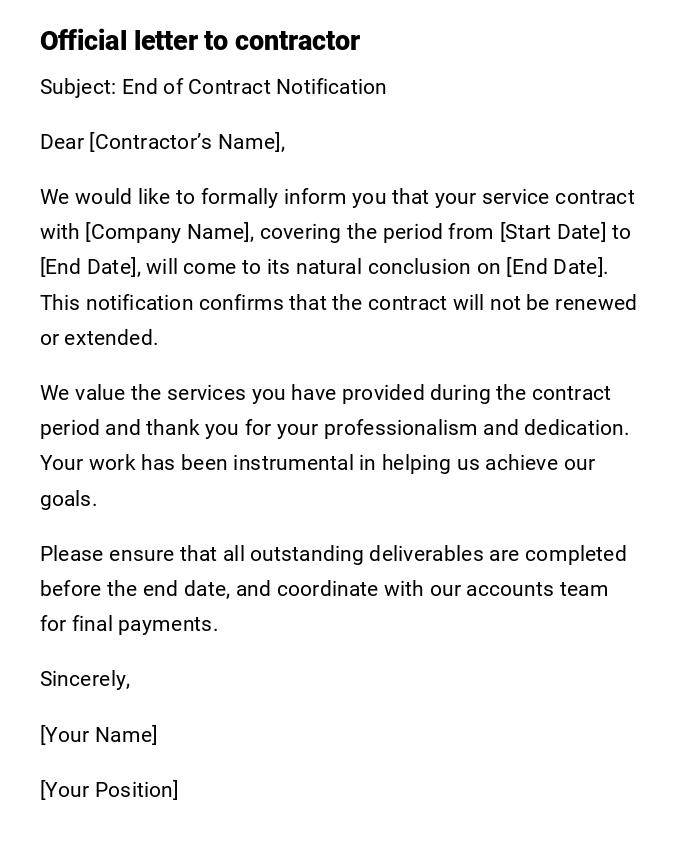 Official letter to contractor Official letter to contractor