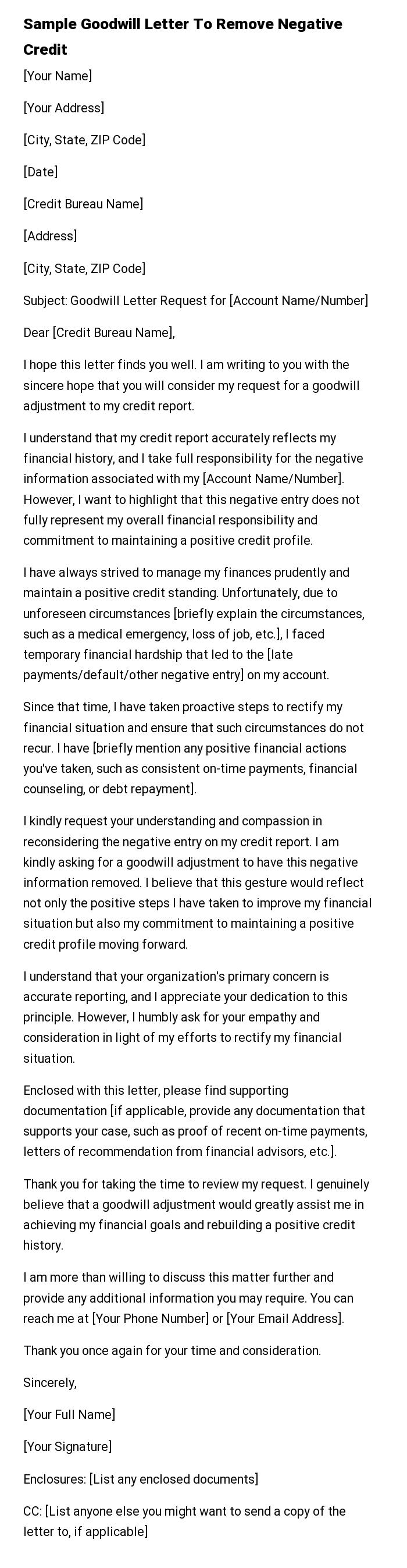 Sample Goodwill Letter To Remove Negative Credit