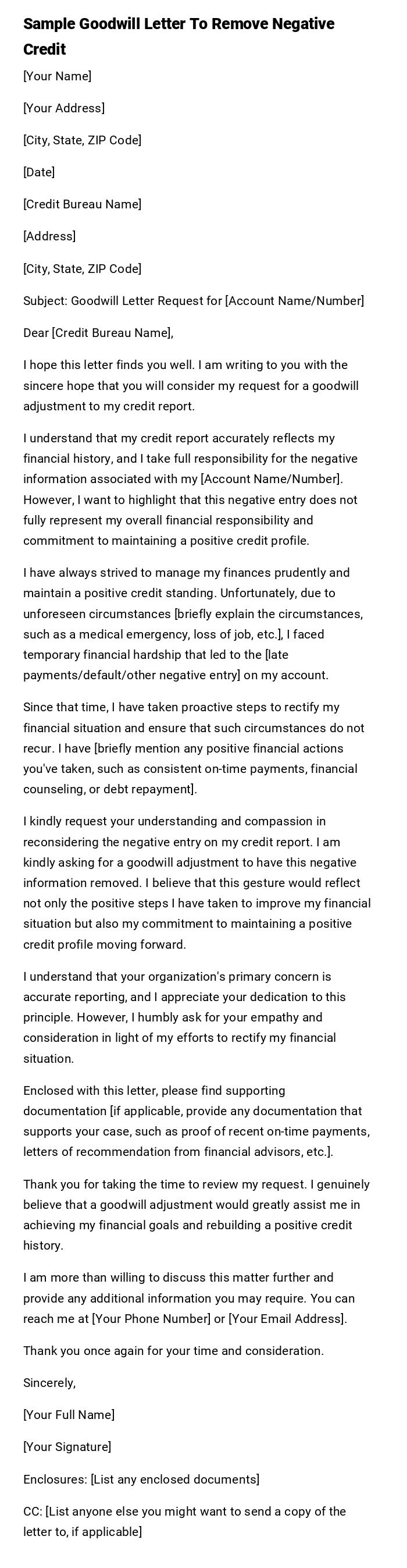 Sample Goodwill Letter To Remove Negative Credit