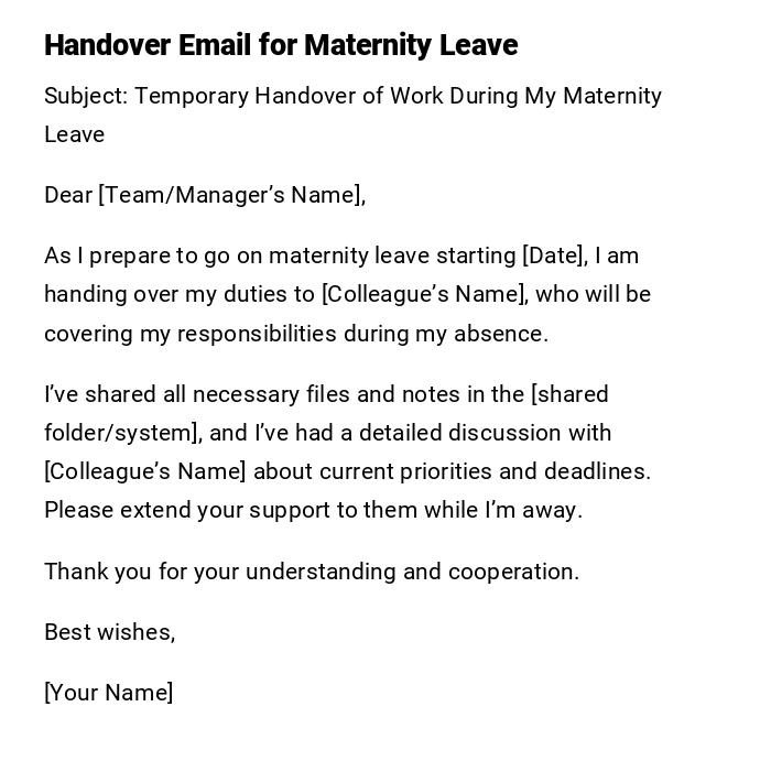 Handover Email for Maternity Leave Handover Email for Maternity Leave