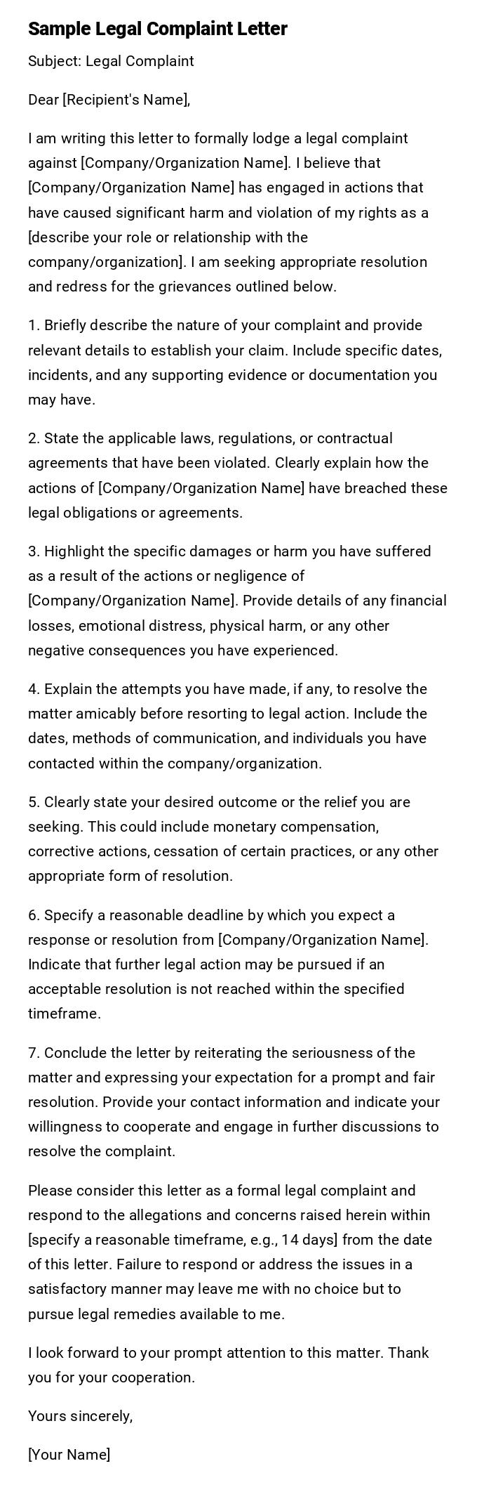 Sample Legal Complaint Letter