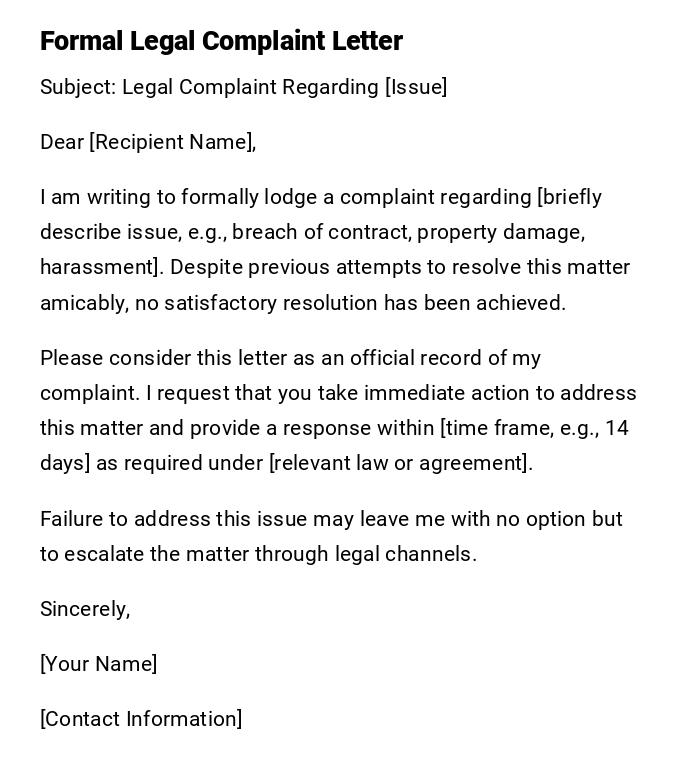 Formal Legal Complaint Letter Formal Legal Complaint Letter