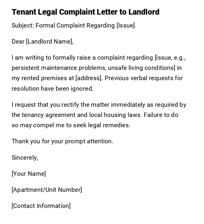 Tenant Legal Complaint Letter to Landlord Tenant Legal Complaint Letter to Landlord