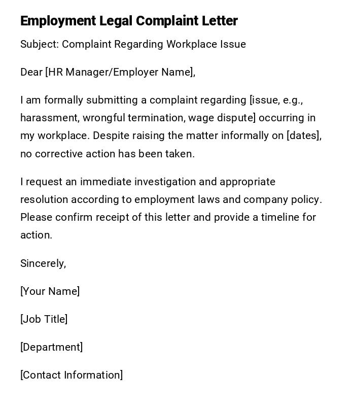 Employment Legal Complaint Letter Employment Legal Complaint Letter