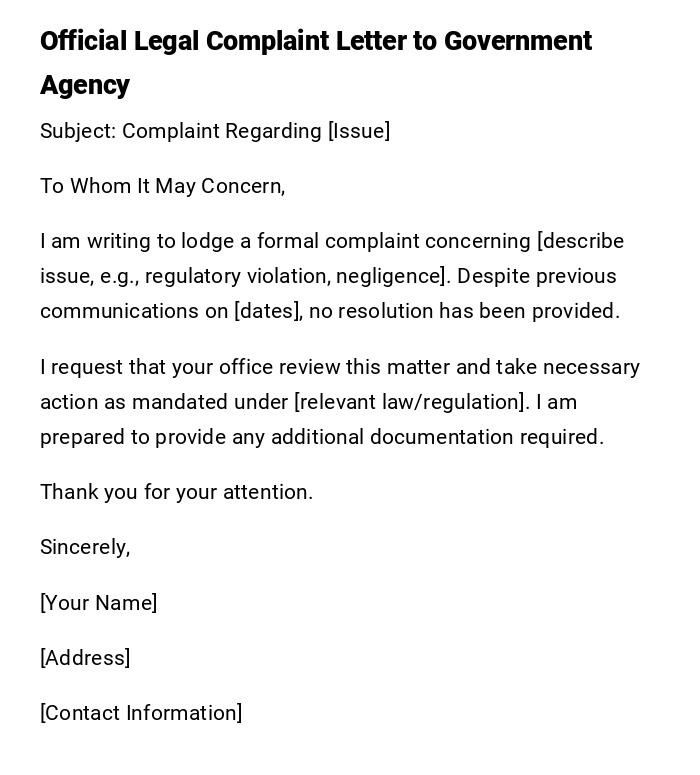 Official Legal Complaint Letter to Government Agency Official Legal Complaint Letter to Government Agency