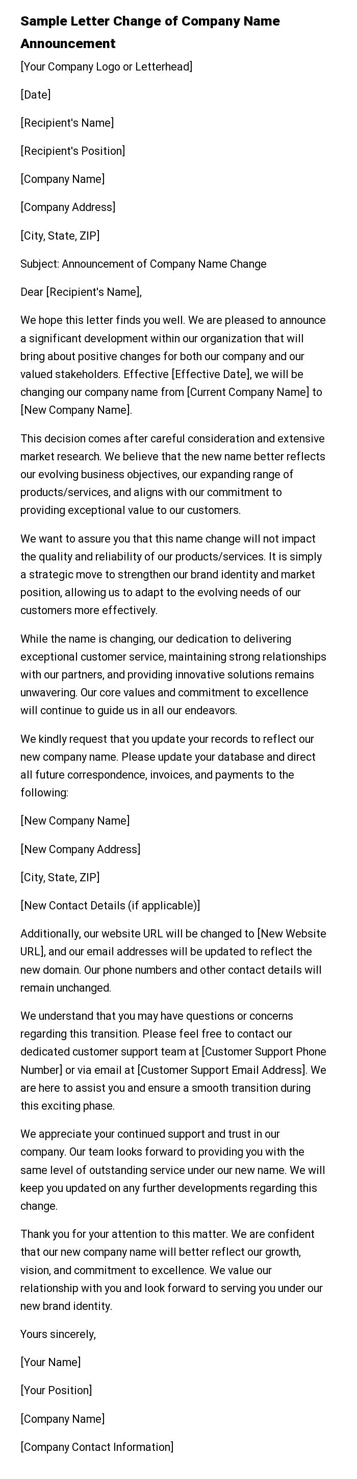 Sample Letter Change of Company Name Announcement