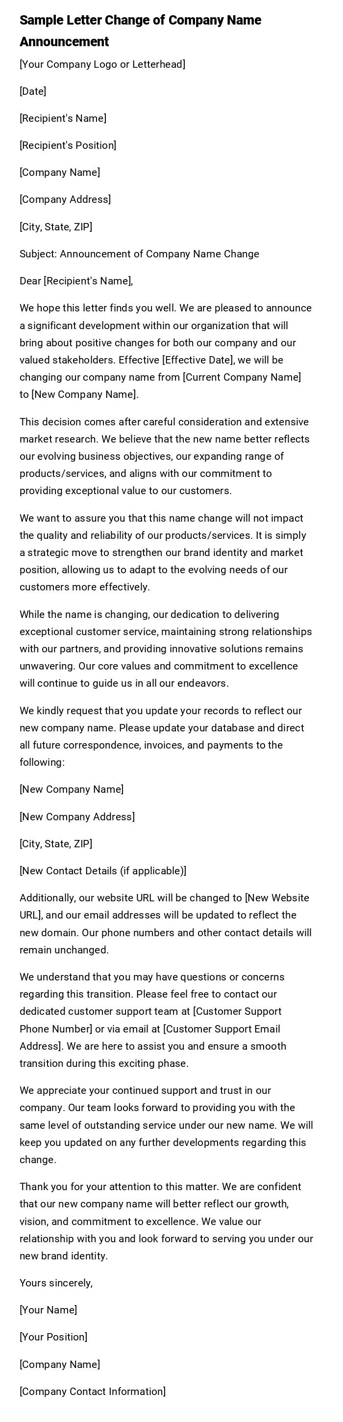 Sample Letter Change of Company Name Announcement