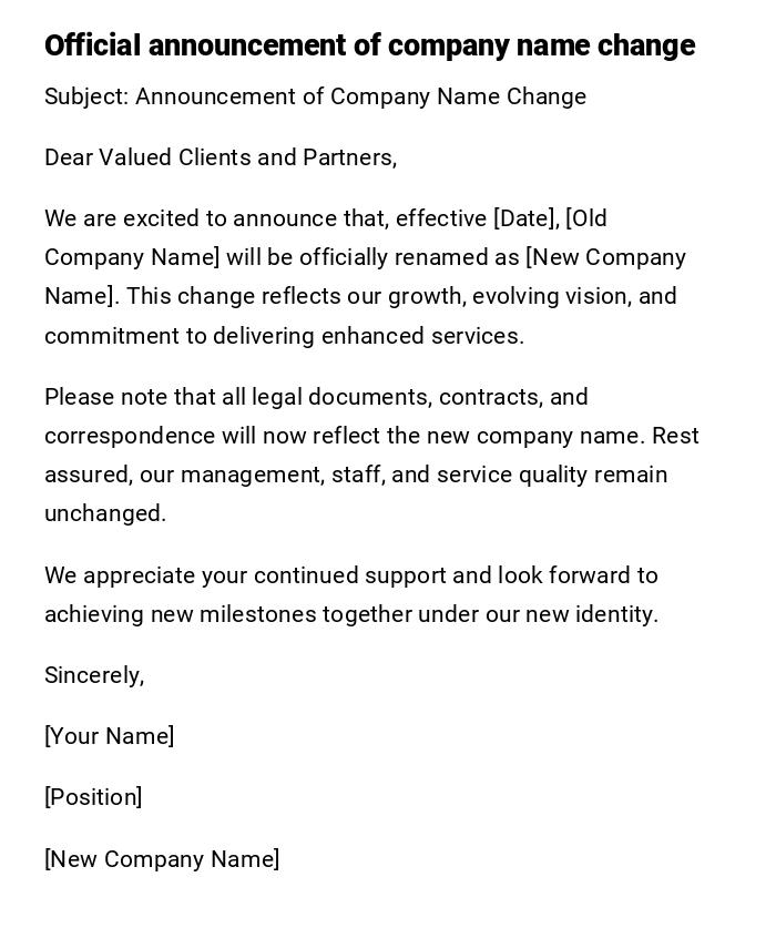 Official announcement of company name change Official announcement of company name change