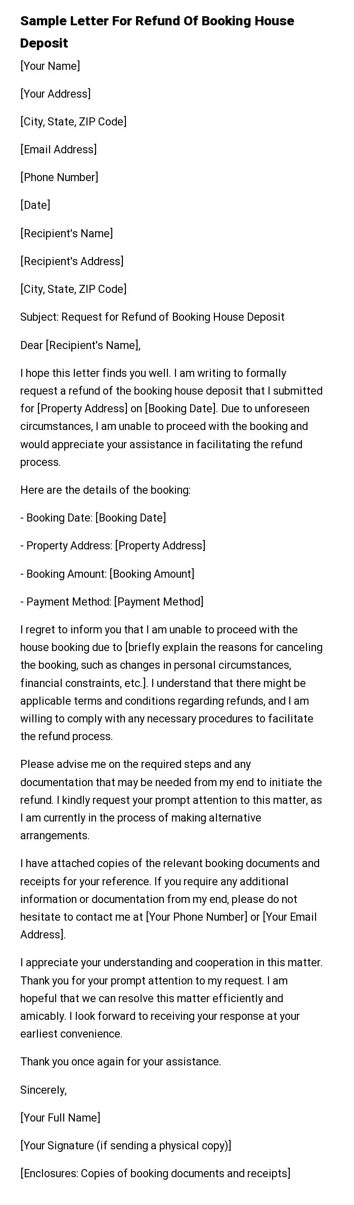 Sample Letter For Refund Of Booking House Deposit
