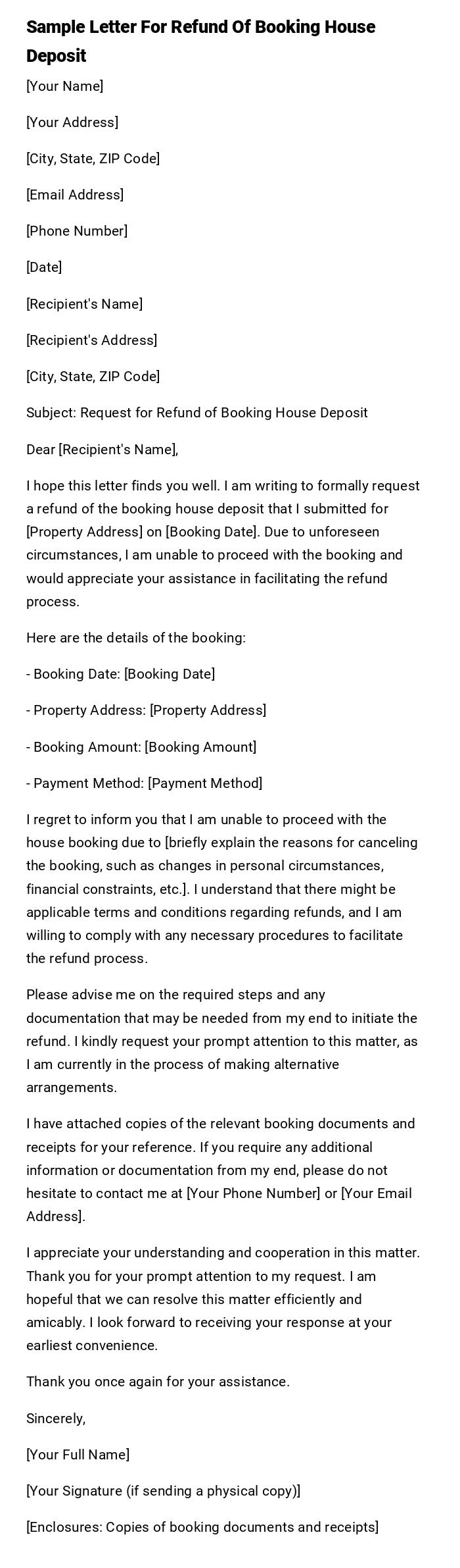 Sample Letter For Refund Of Booking House Deposit Sample Letter For Refund Of Booking House Deposit