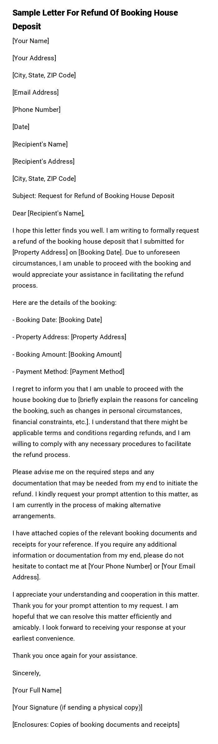 Sample Letter For Refund Of Booking House Deposit