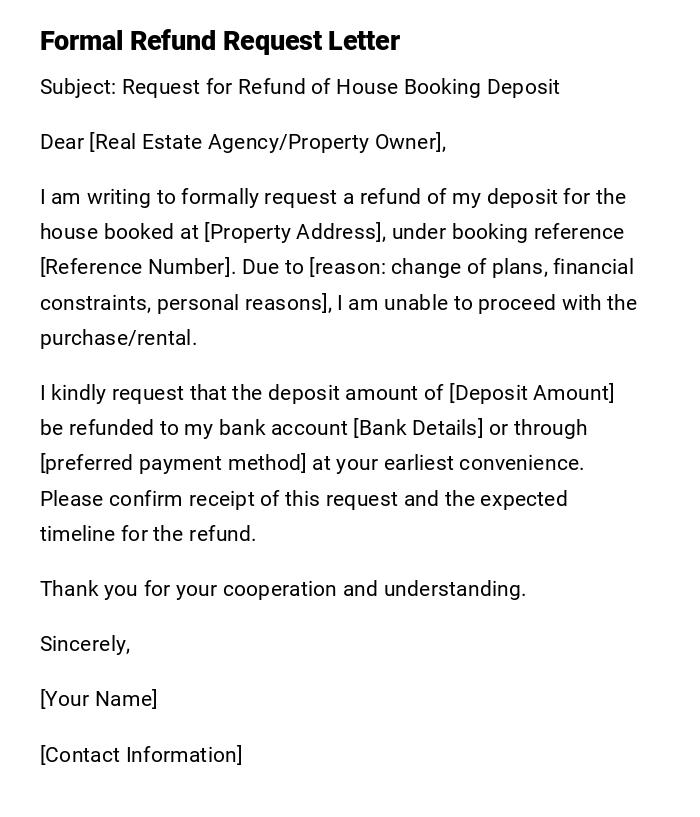 Formal Refund Request Letter Formal Refund Request Letter