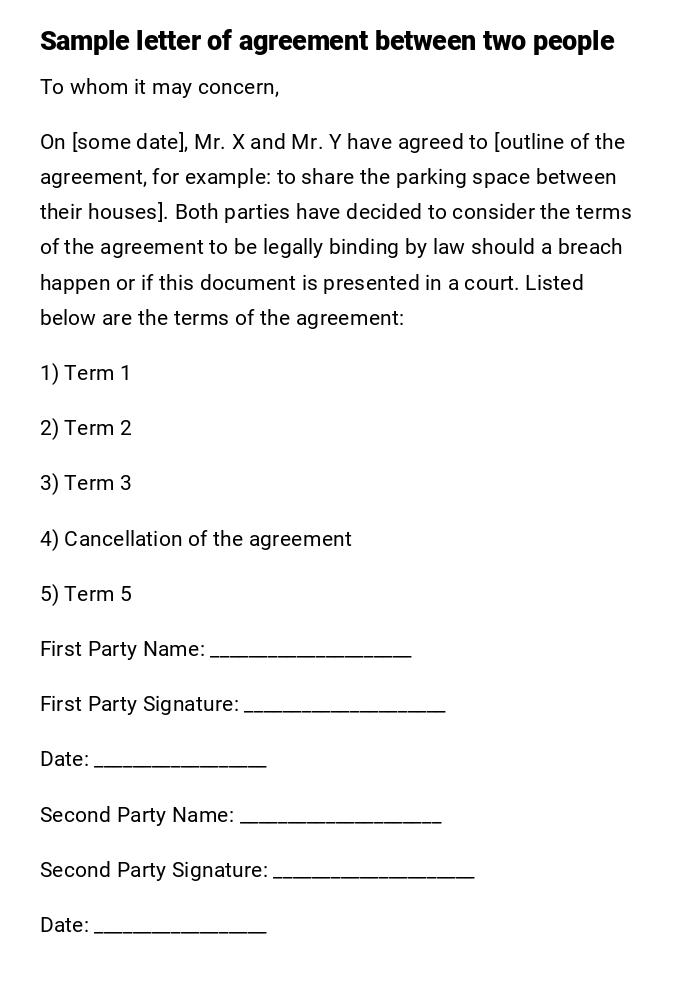 Sample letter of agreement between two people