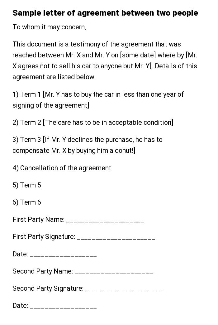 Sample letter of agreement between two people