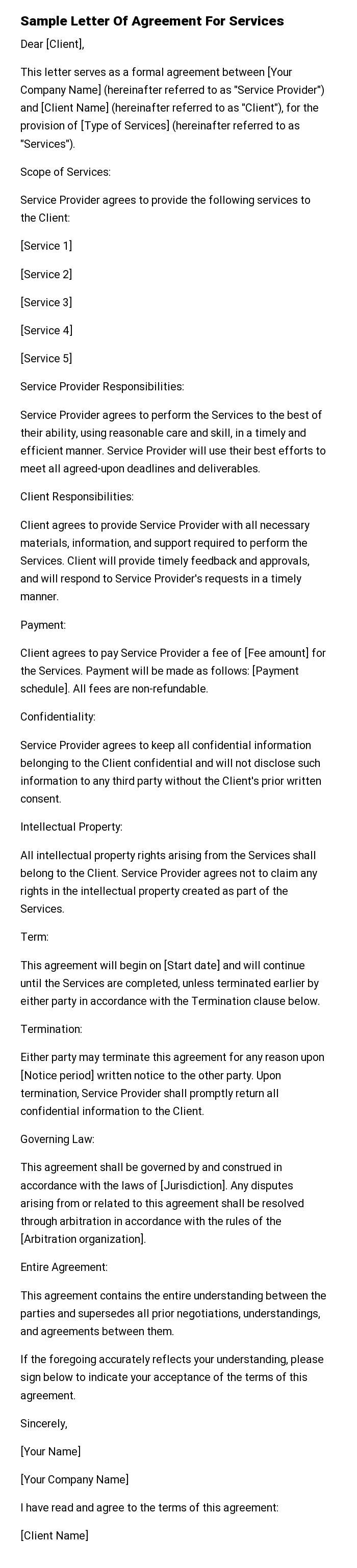 Sample Letter Of Agreement For Services