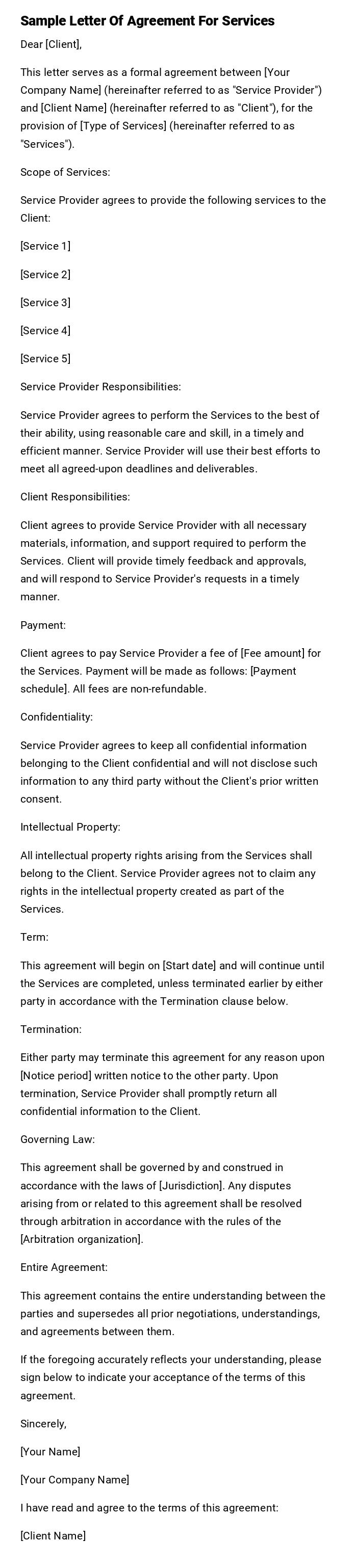 Sample Letter Of Agreement For Services