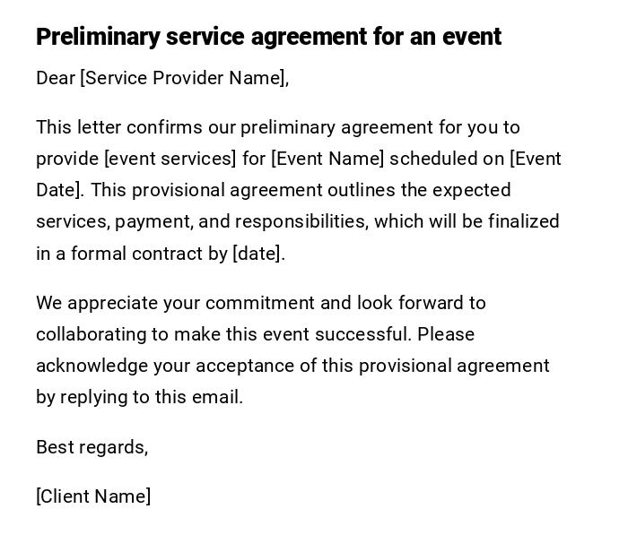 Preliminary service agreement for an event Preliminary service agreement for an event