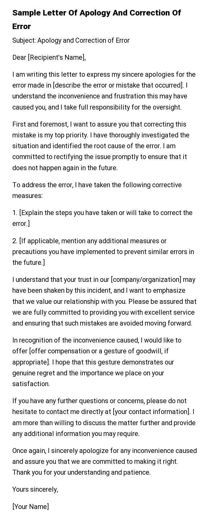 Sample Letter Of Apology And Correction Of Error