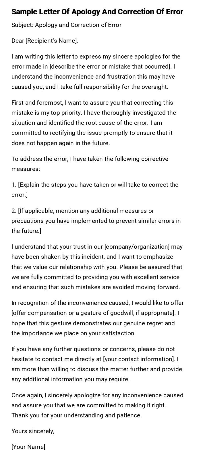 Sample Letter Of Apology And Correction Of Error