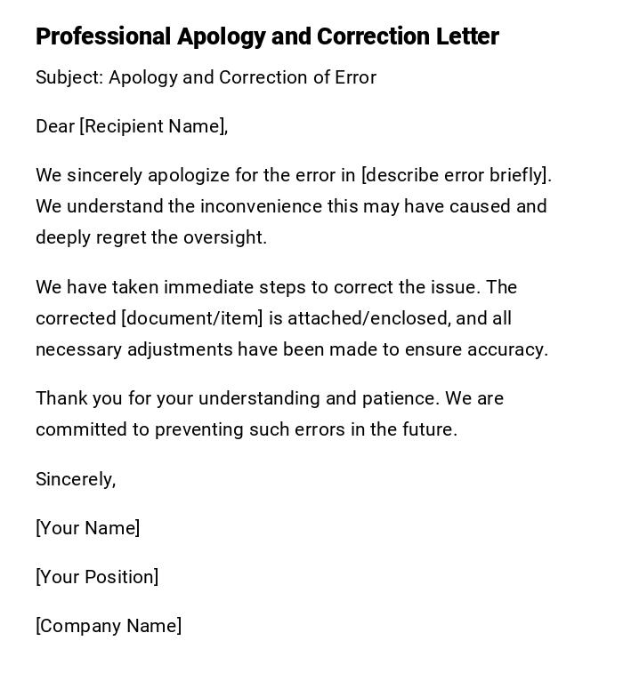 Professional Apology and Correction Letter