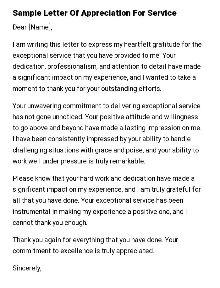 Sample Letter Of Appreciation For Service