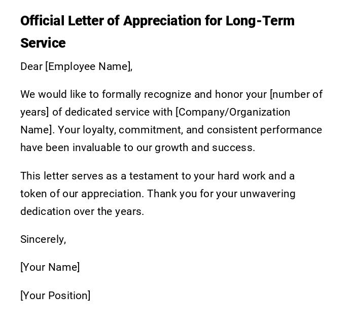 Official Letter of Appreciation for Long-Term Service Official Letter of Appreciation for Long-Term Service