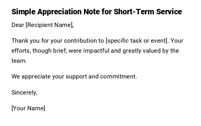 Simple Appreciation Note for Short-Term Service Simple Appreciation Note for Short-Term Service