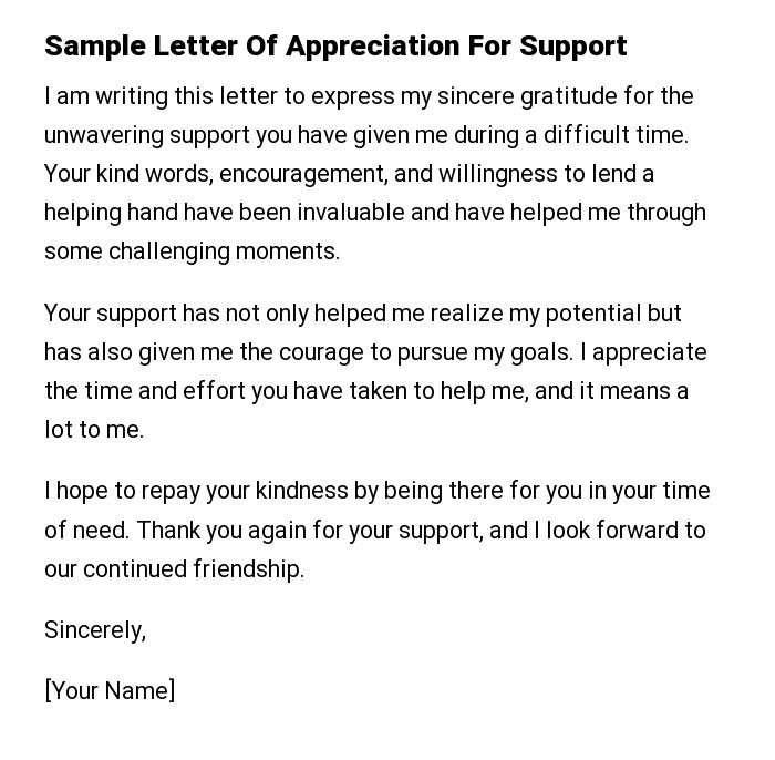 Sample Letter Of Appreciation For Support