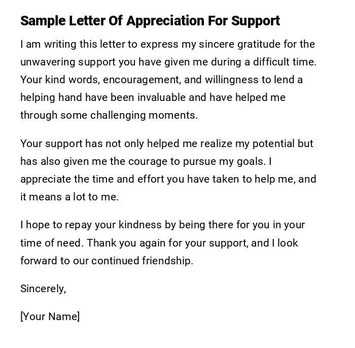 Sample Letter Of Appreciation For Support