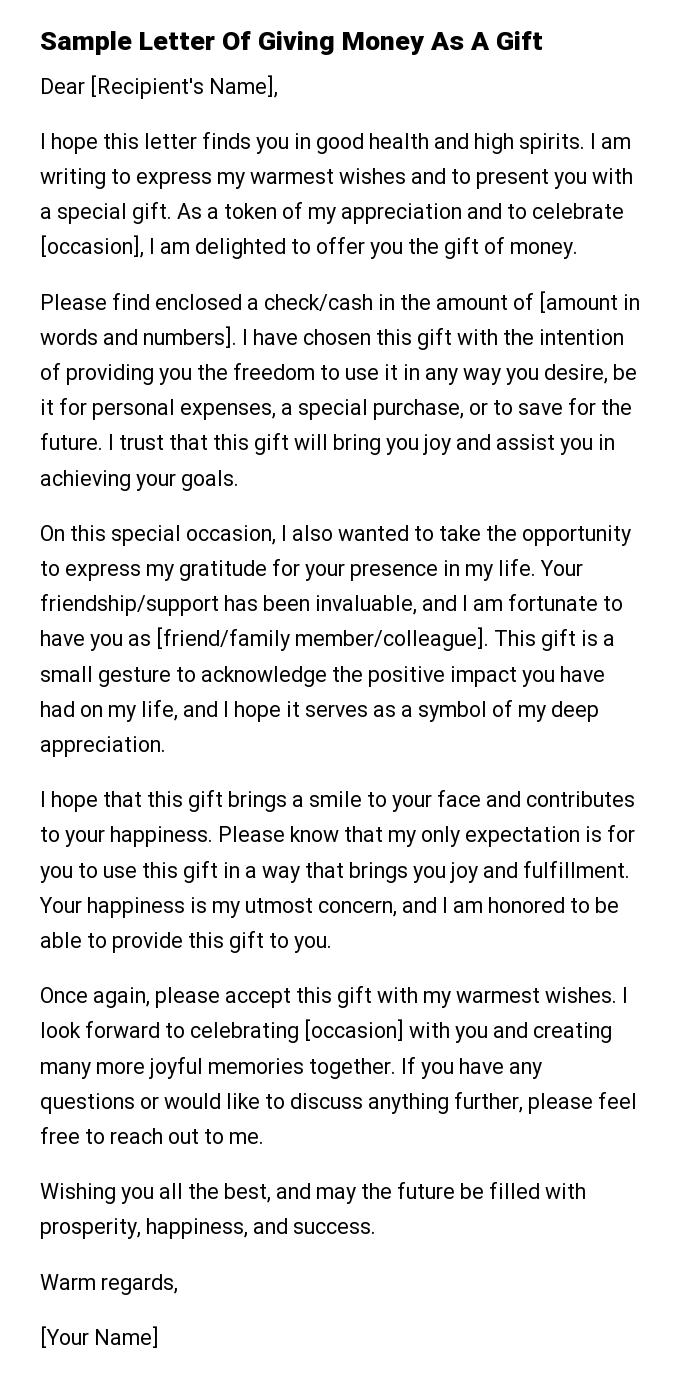Sample Letter Of Giving Money As A Gift
