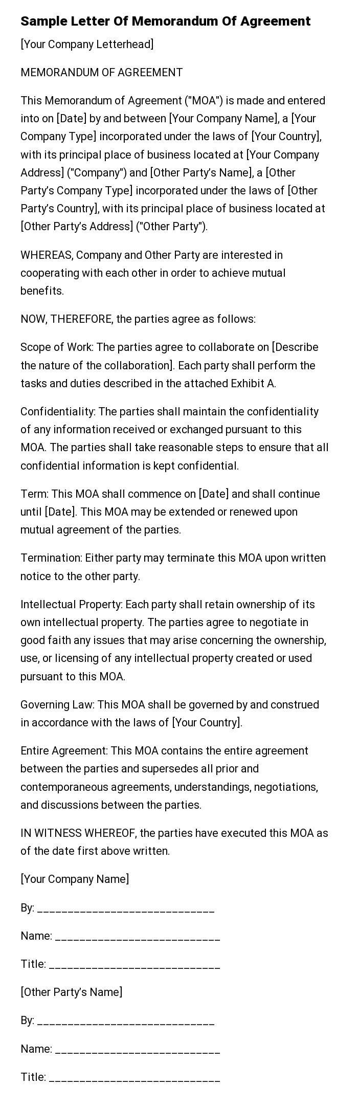 Sample Letter Of Memorandum Of Agreement