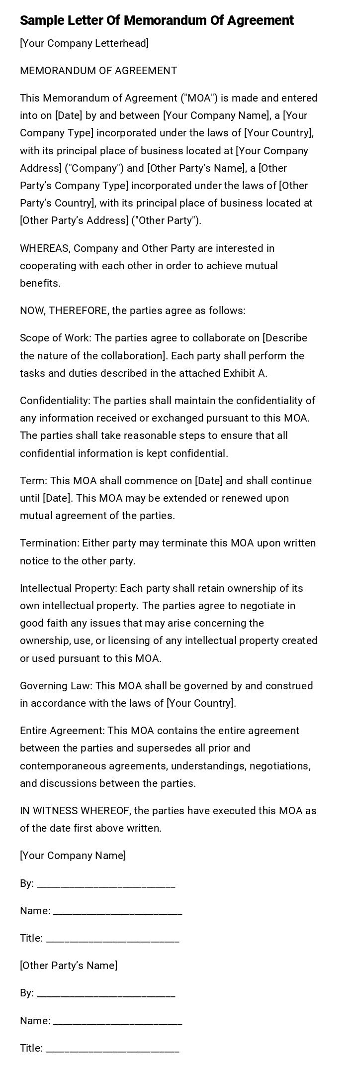 Sample Letter Of Memorandum Of Agreement