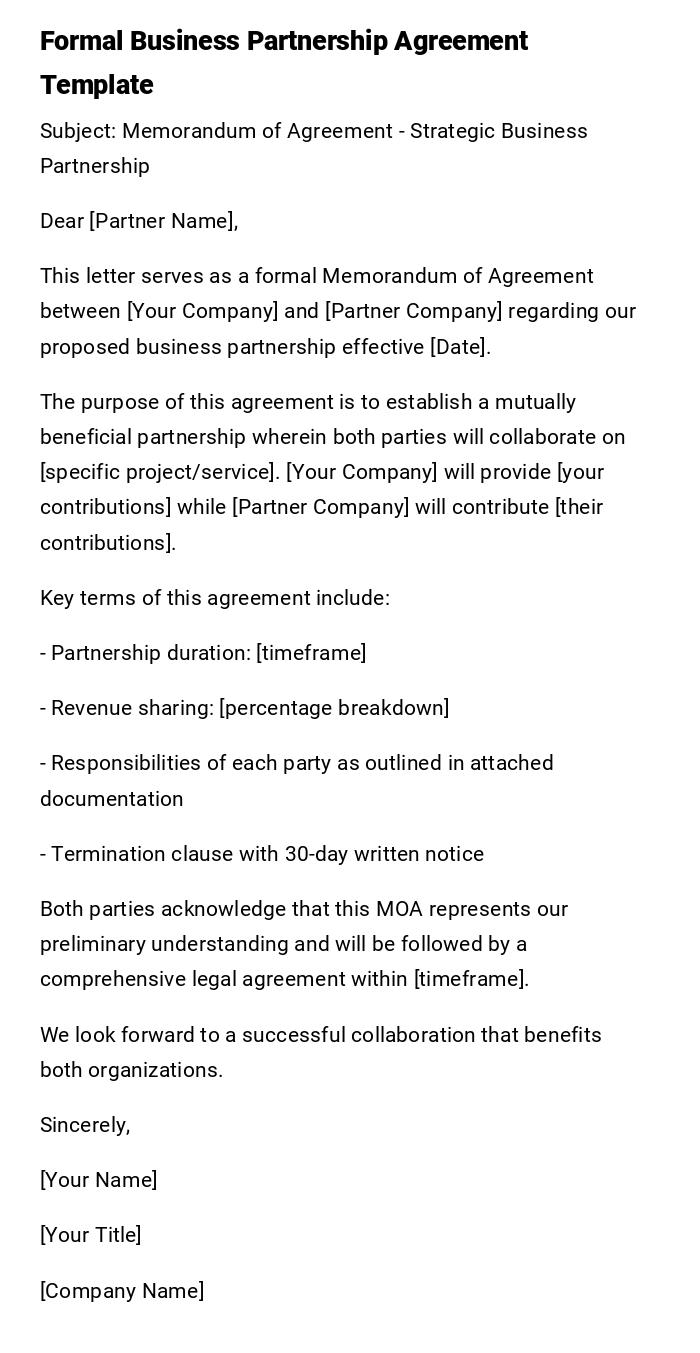 Formal Business Partnership Agreement Template Formal Business Partnership Agreement Template
