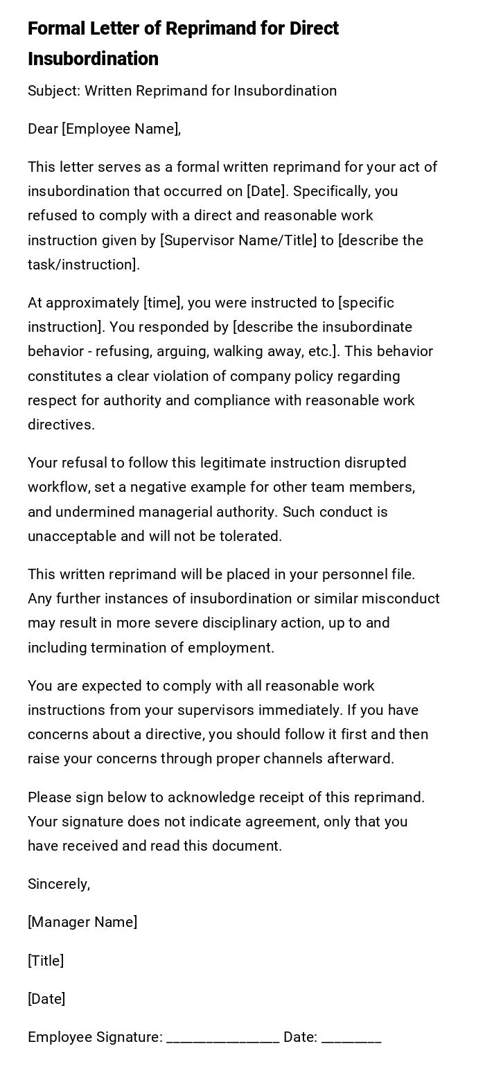 Formal Letter of Reprimand for Direct Insubordination Formal Letter of Reprimand for Direct Insubordination