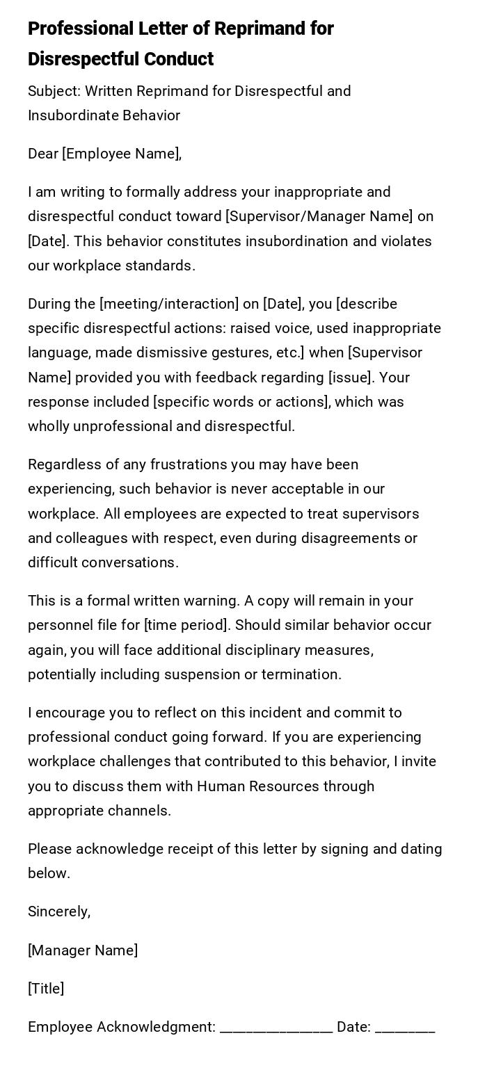 Professional Letter of Reprimand for Disrespectful Conduct Professional Letter of Reprimand for Disrespectful Conduct
