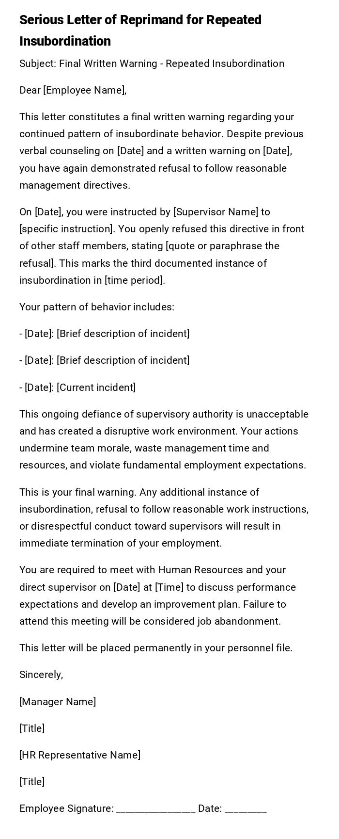 Serious Letter of Reprimand for Repeated Insubordination Serious Letter of Reprimand for Repeated Insubordination