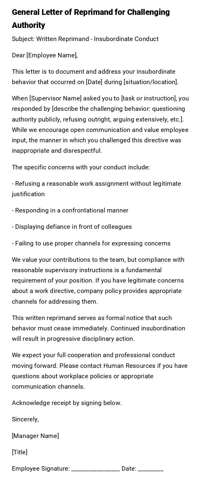 General Letter of Reprimand for Challenging Authority General Letter of Reprimand for Challenging Authority
