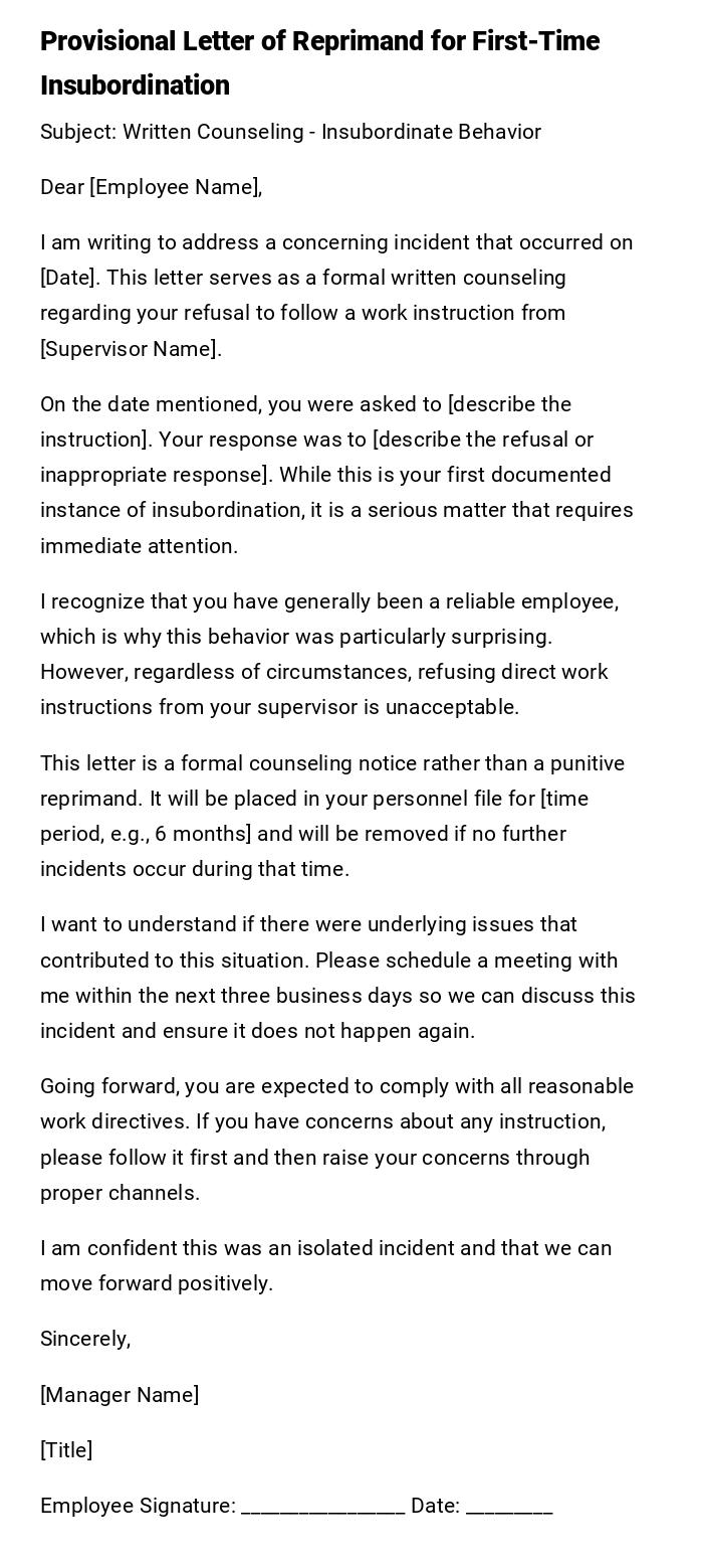 Provisional Letter of Reprimand for First-Time Insubordination Provisional Letter of Reprimand for First-Time Insubordination