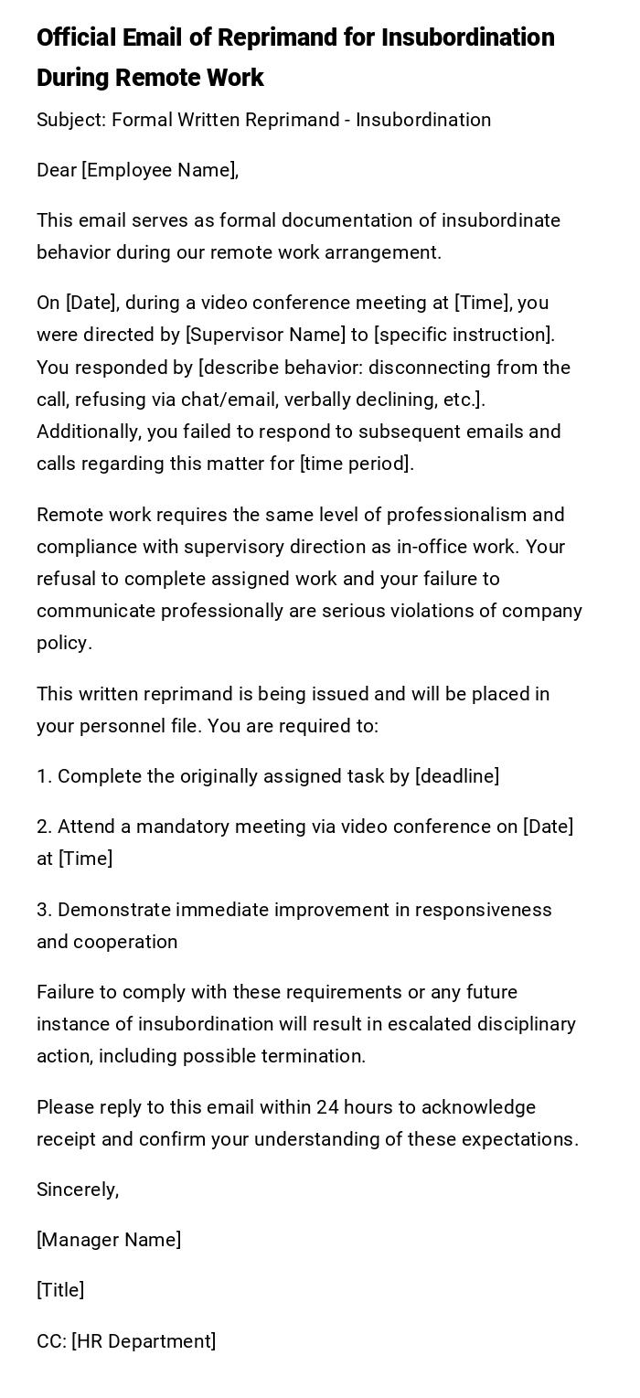 Official Email of Reprimand for Insubordination During Remote Work Official Email of Reprimand for Insubordination During Remote Work