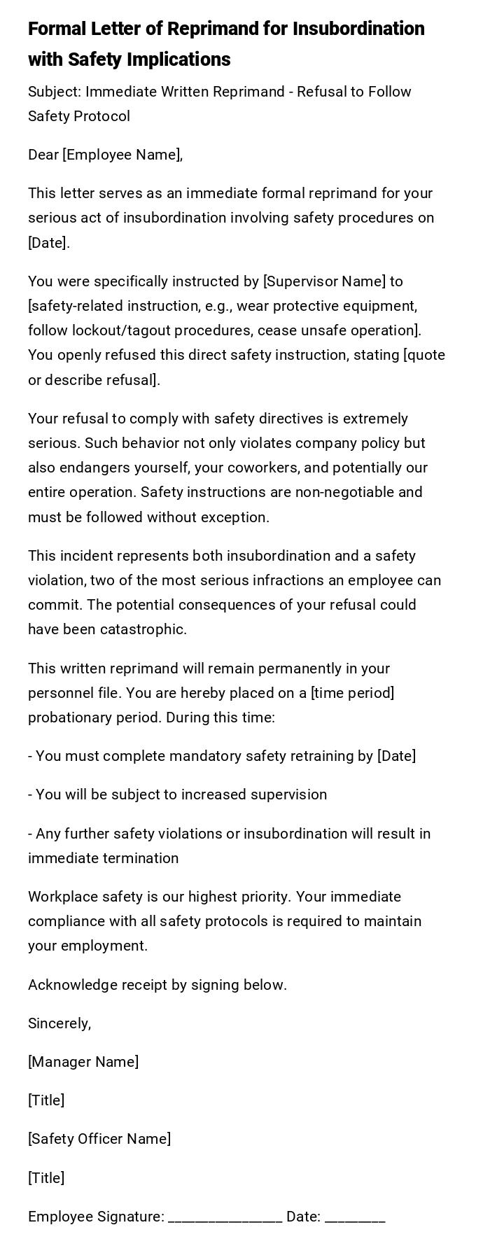 Formal Letter of Reprimand for Insubordination with Safety Implications Formal Letter of Reprimand for Insubordination with Safety Implications