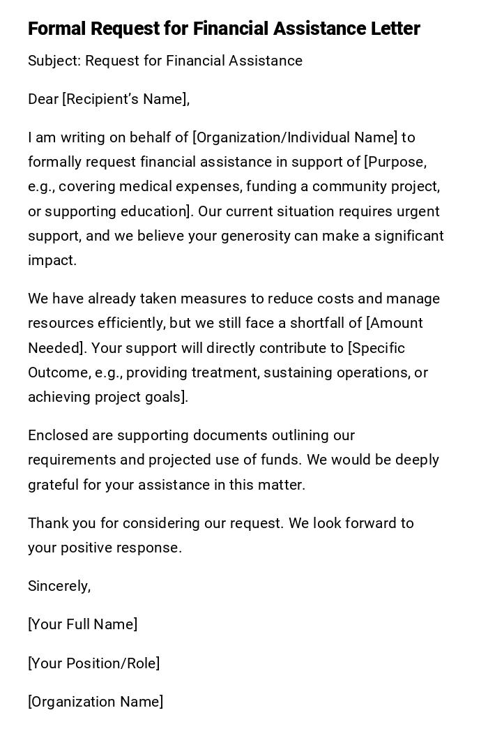 Formal Request for Financial Assistance Letter Formal Request for Financial Assistance Letter
