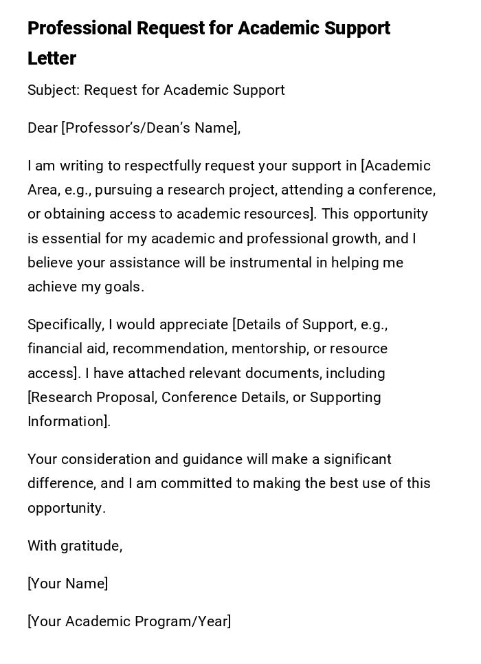Professional Request for Academic Support Letter Professional Request for Academic Support Letter