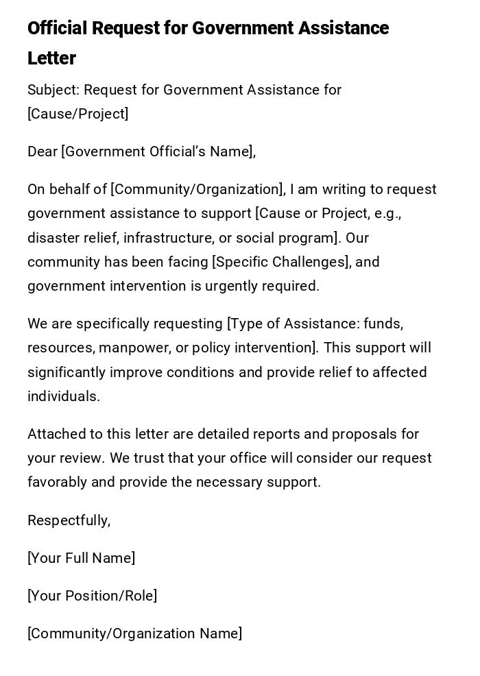 Official Request for Government Assistance Letter Official Request for Government Assistance Letter