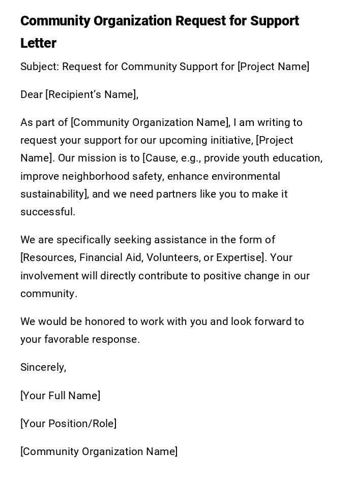 Community Organization Request for Support Letter Community Organization Request for Support Letter