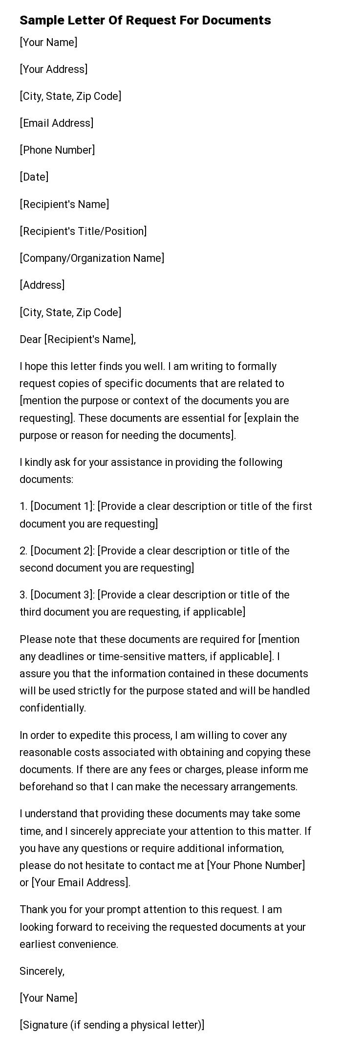 Sample Letter Of Request For Documents