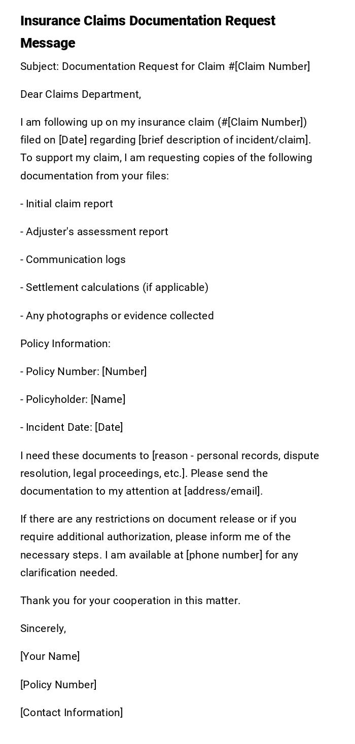 Insurance Claims Documentation Request Message Insurance Claims Documentation Request Message