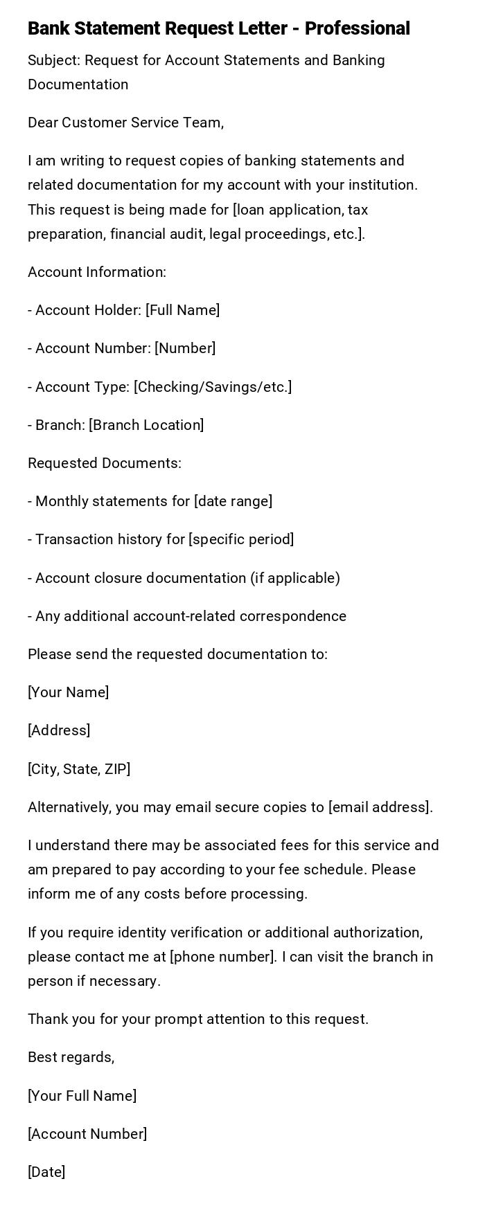 Bank Statement Request Letter - Professional Bank Statement Request Letter - Professional