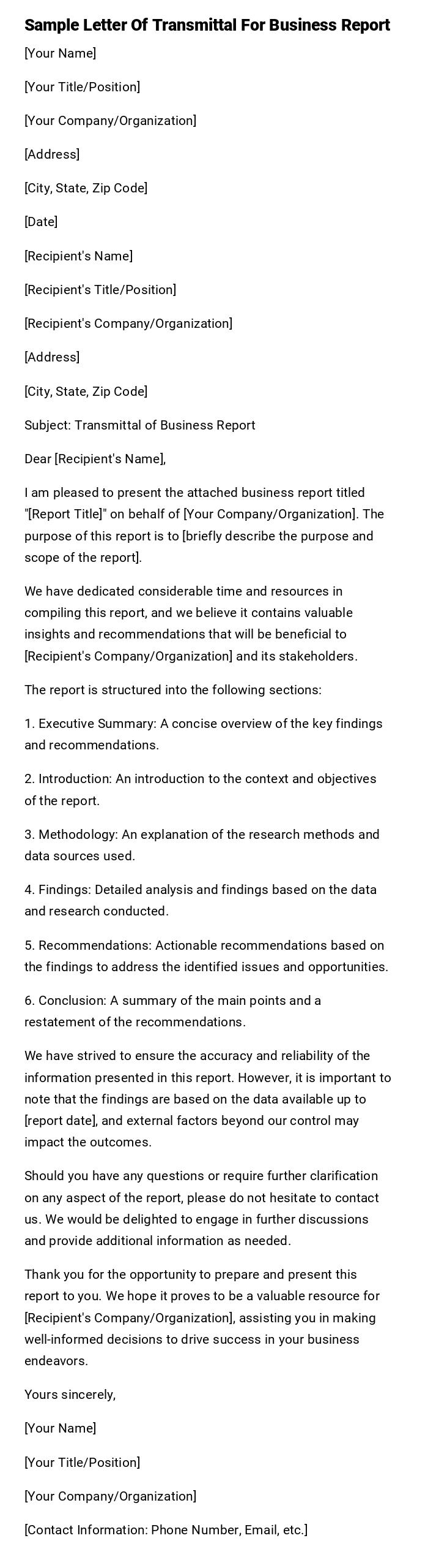 Sample Letter Of Transmittal For Business Report